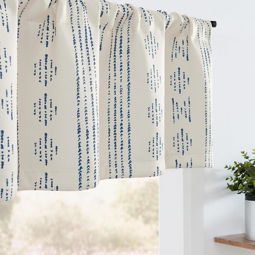 jinchan Boho Valance 95% Blackout Curtain for Kitchen Living Room Farmhouse Valance Room Darkening Bedroom Window Treatment Privacy Thermal Insulated Drape Rod Pocket 1 Panel 16 Inch Blue on Beige