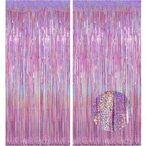 Melsan 2 Pack 3.2 ft x 8.2 ft Tinsel Foil Fringe Curtains Backdrop, Sparkle Metallic Foil Curtains for Party Photo Booth Props Decoration, Pinkish Purple