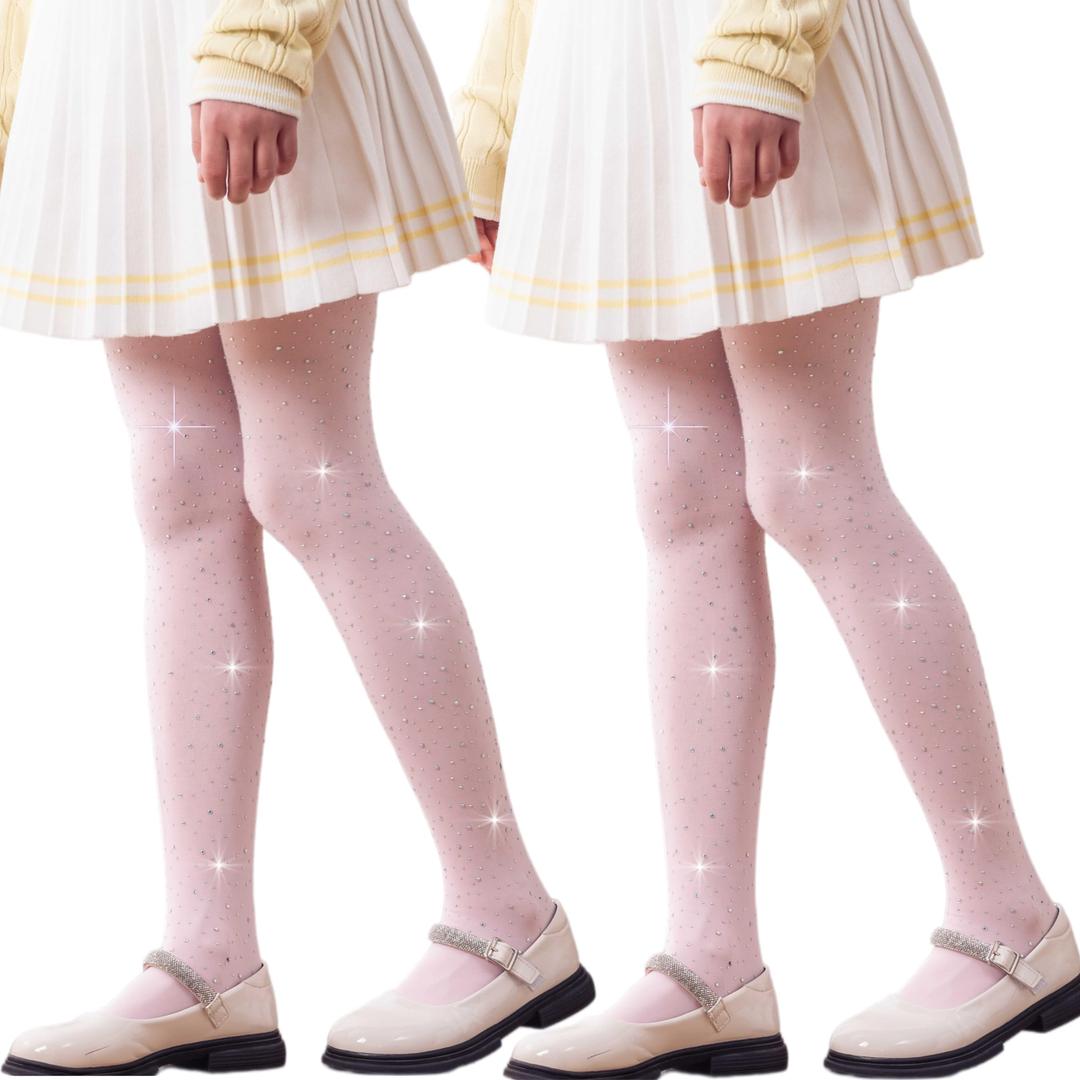 DANUOKU Girls glitter tights 2Pcs,lace black stockings,Kids Rhinestone stockings for girls (Pink,11-12 Years) (Pink)