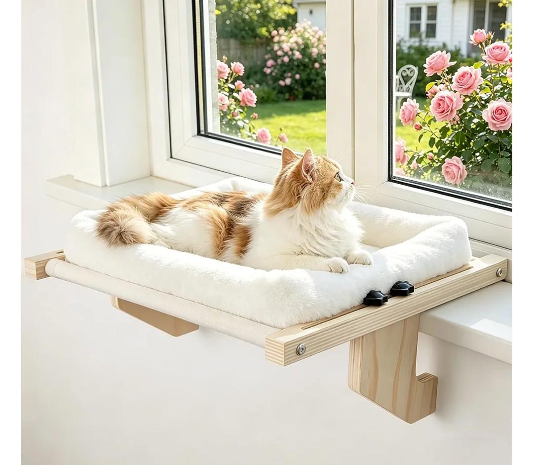Cat Sill Window Perch - 100% Natural Pine Frame, Soft Rabbit Fur Cushion, Tool-Free Adjustment, Supports 40 lbs (Medium-White)