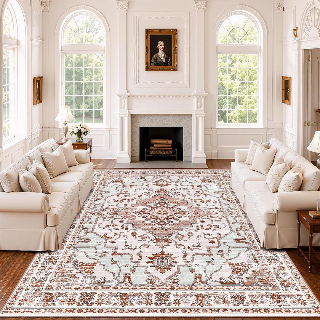 Arenarug 8x10 Washable Area Rug for Living Room, Light Pink Rusty Red