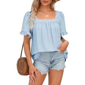 BZB Womens Summer Peplum Tops Sqaure Neck Ruffle Sleeve Blouses Fit Flowy Shirts S-2XL (Blue, S)