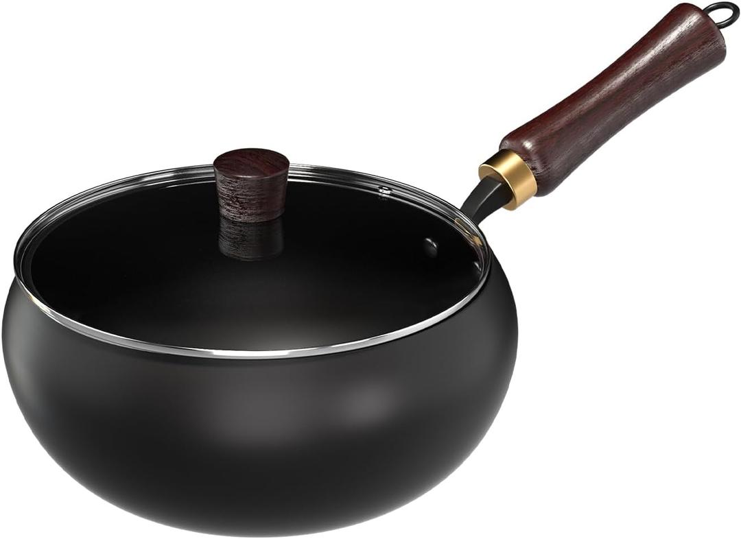 Pure Iron Wok, Uncoated Heats Evenly Multi-Purpose Frying Pan, Suitable for Any Stove, Oven or Even Camping Campfire with Lid and Wooden Handle (9.5in with glass lid)