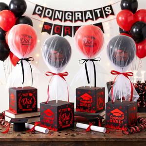 Seenelling 4 Sets Graduation Centerpieces for Tables Tulle Tutu Balloons with Foil Box Red and Black Graduation Party Decorations Grad Balloon Stand for College High School