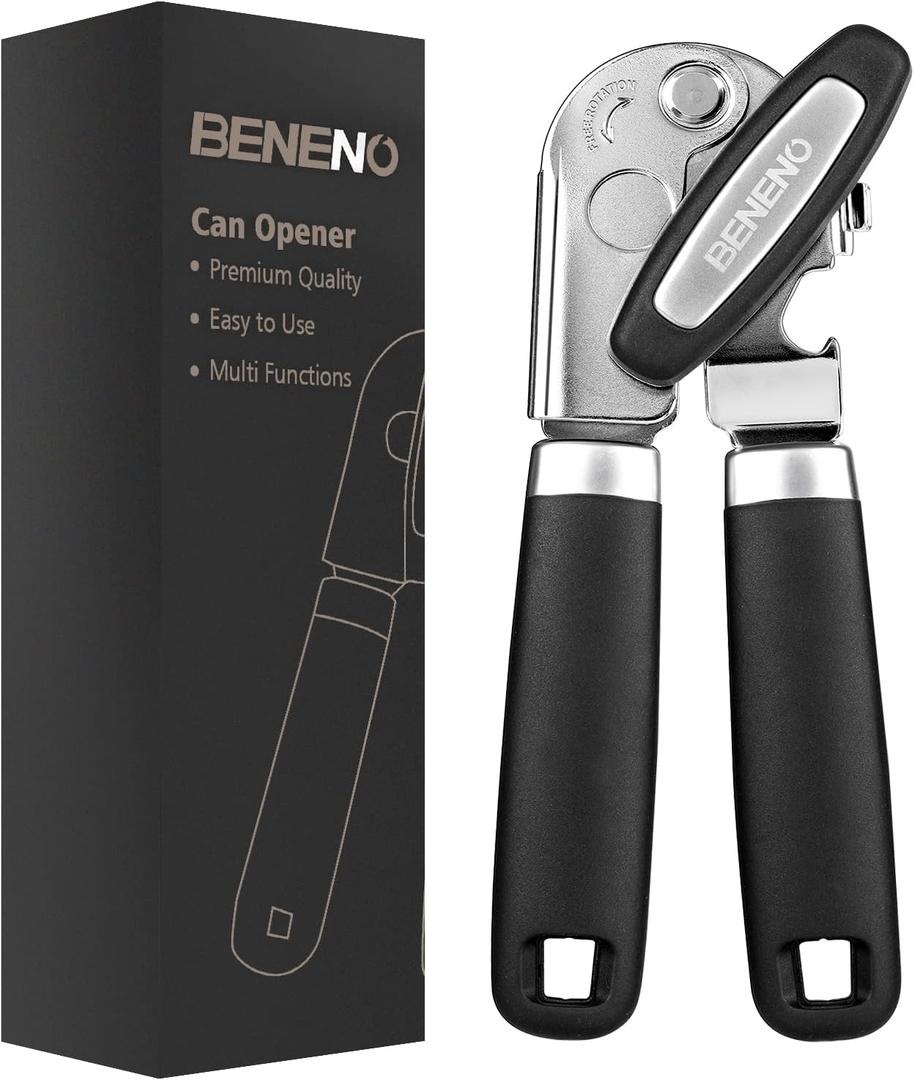 Beneno Heavy Duty Hand Can Opener Manual with Magnet, Durable Sharp Carbon Steel Blade Smooth Cutting, Big Effort-Saving Knob & Soft Grip Handle, Multifunctional Kitchen Tool with Bottle Opener, Black