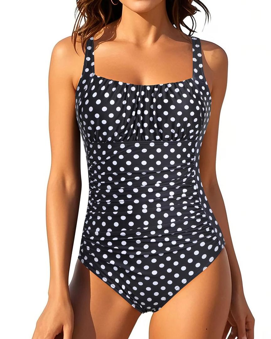 Aqua Eve One Piece Bathing Suit for Women Tummy Control Swimsuit Slimming Vintage Swimwear, L