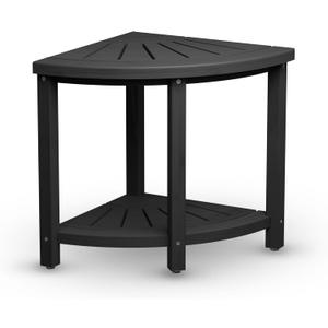 Bamboo Corner Shower Stool for Shaving Legs Foot Rest, Waterproof Bathroom Corner Bench for Inside Shower, Small Bath Shower Seat Chair with Storage Shelf & Adjustable Feet, Black (Large 15x15x17 Inch)