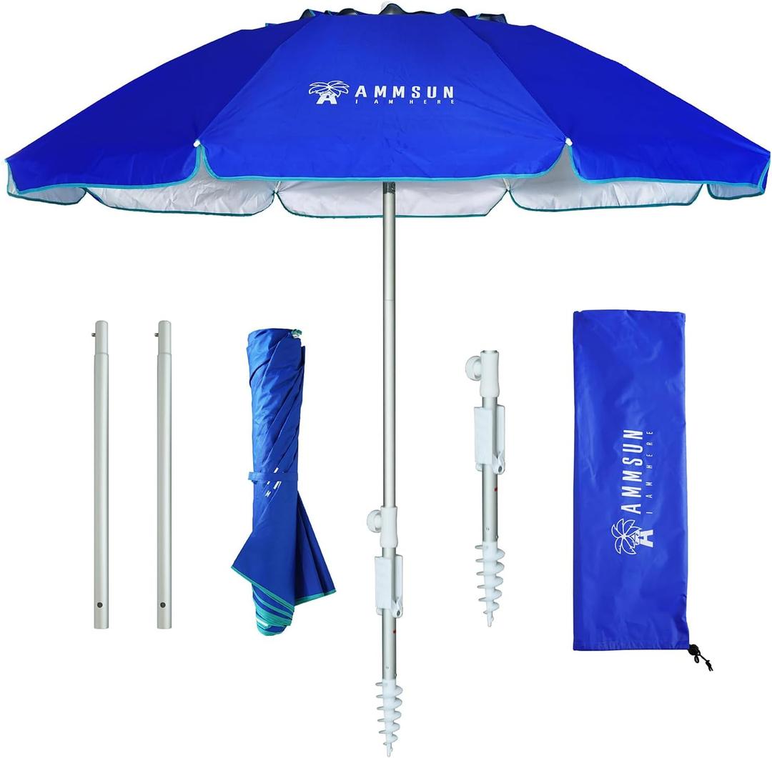 AMMSUN 6.5ft twice folded Portable beach umbrella with sand anchor windproof, Push Button Tilt and Air vent UPF 50+ Protection Fits in a large Suitcase for Patio Garden Beach Pool Backyard Blue
