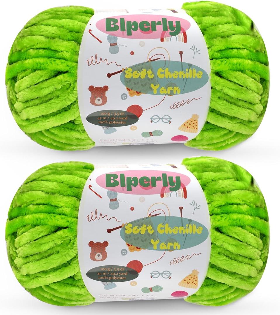 2 Skeins Fluffy Chenille Yarn for Crocheting - Chunky Velvet Yarn for Scarves Shawls, Baby Blankets, Hats Plush Toys, Plush Yarns Each Skein 49.2yd, 3.5oz (Autumn Green)
