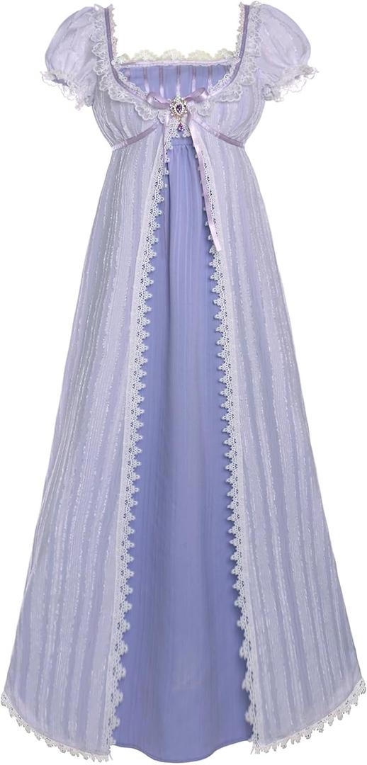Regency Dresses for Women Luxurious Embroidery Lace Empire Waist Victorian Dress (Medium, Purple)