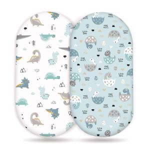 GRSSDER Stretchy Ultra Soft Fitted Bassinet Sheet Set 2 Pack, Universal Fit for Bassinets Baby Cradle Moses Basket Oval Rectangle Pad/Mattress, Happy Dinosaurs Bassinet Sheets for Girls and Boys (Blue)