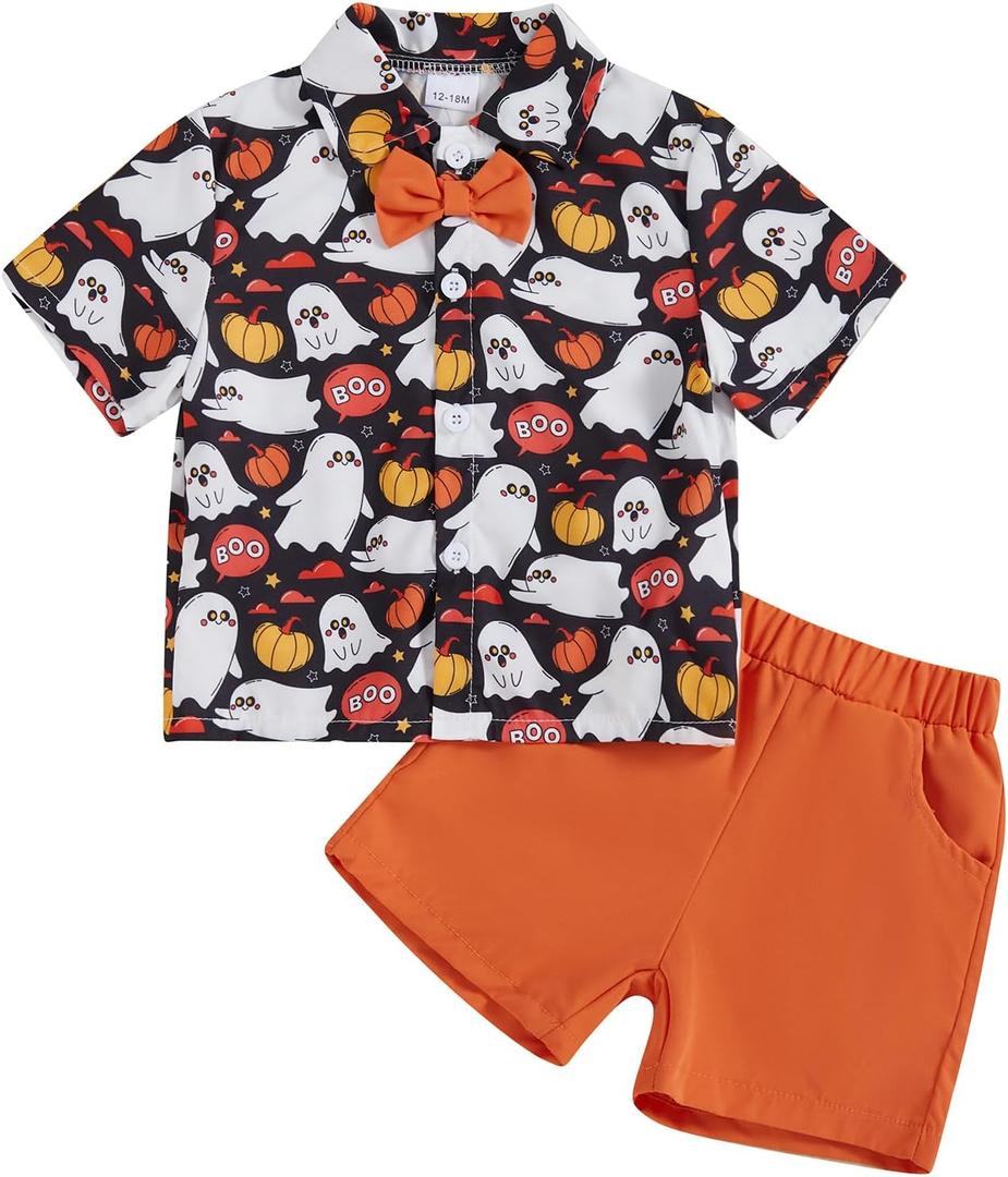 Rtnnsbbfcm Toddler Baby Boy Halloween Outfit Short Sleeve Bow Tie Pumpkin Ghost Button Down Shirt Top Shorts 2Pcs Set