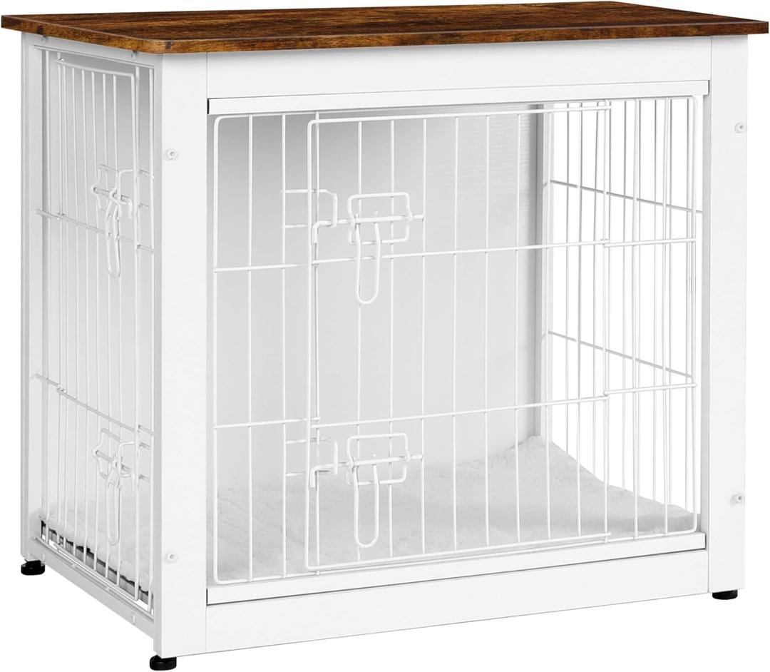 DWANTON Dog Crate Furniture with Cushion, Wooden Kennel Table with Double Doors, Indoor Dog House, Small/Medium/Large Size, 27.2" L, White+Rustic Brown DWANTON Dog Crate Furniture with Cushion, Wooden Kennel Table with Double Doors, Indoor Dog House, Small/Medium/Large Size, 27.2" L, White+Rustic Brown