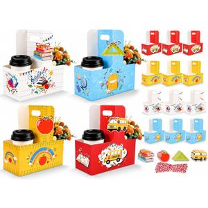 Konsait 12 Pack Back to School Cup Carrier with Gift Tags & Ribbons, Disposable Cardboard 2 Cup Holders for Coffee, Treats, Flowers, Gifts and More