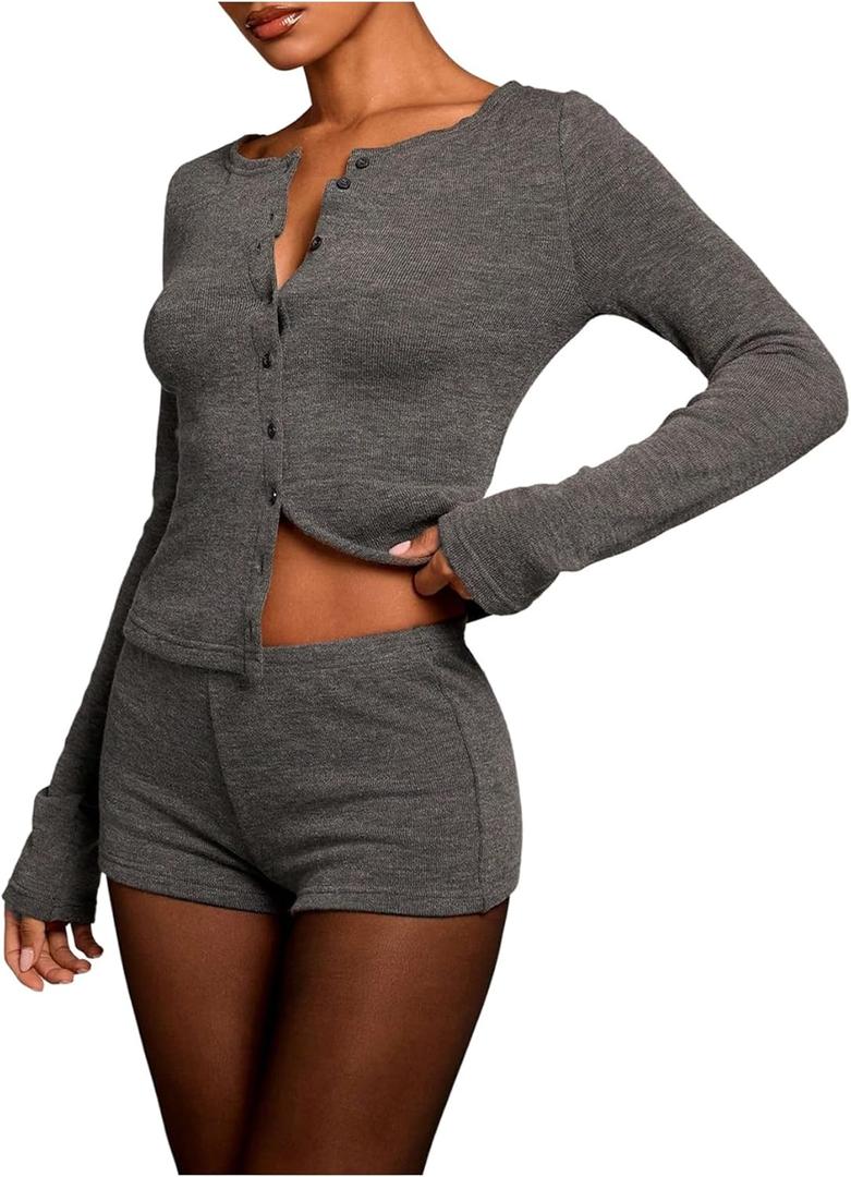 SHENHE Women's Y2k Outfits Shorts Set 2 Piece Button Up Long Sleeve Knit Shirt Mini Shorts Set (Medium, Grey)