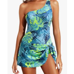 Tempt Me Women One Piece Swim Dress One Shoulder Swimsuit with Skirt Tummy Control Swimdress Bathing Suit, Large 