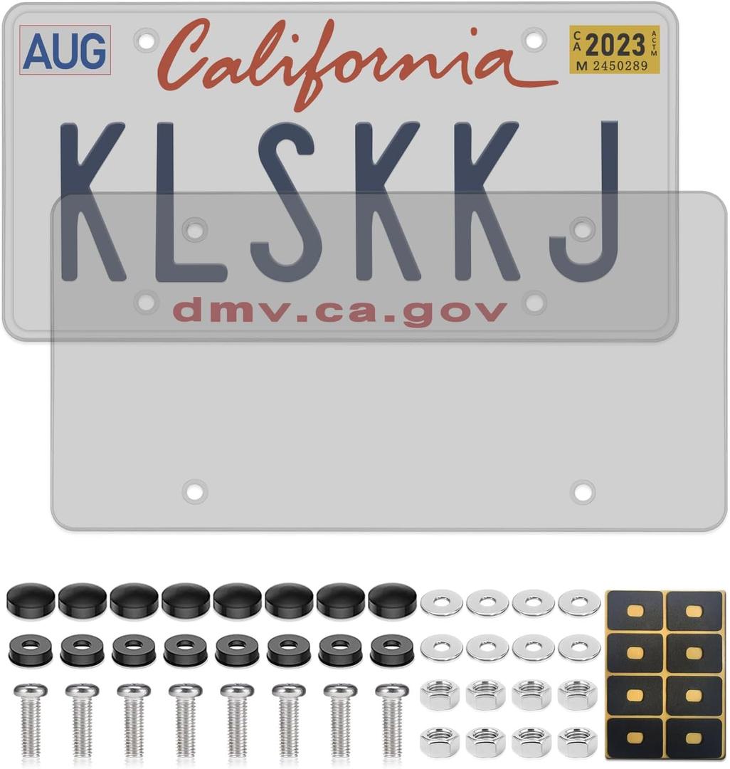 2 Pack License Plate Covers, Clear Flat License Plate Protector Unbreakable Plastic Shields Tag Holder Fits Standard US Plate with Screws Caps (Gray)