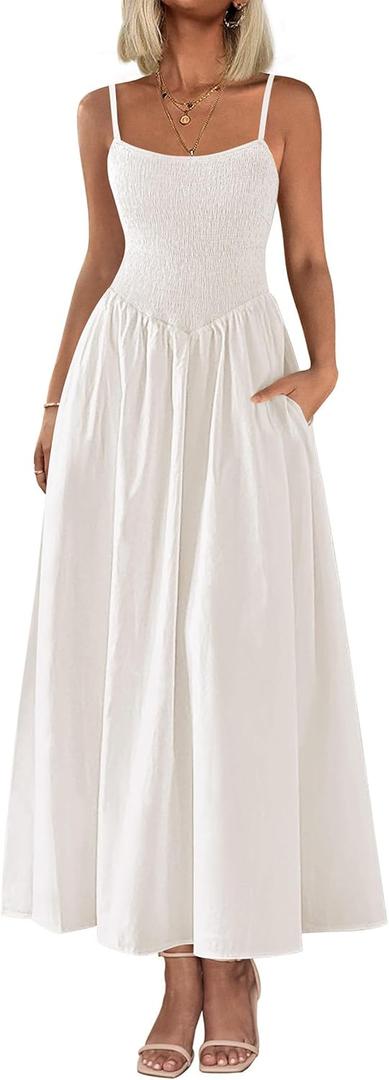 PRETTYGARDEN Women's Smocked Maxi Dresses 2025 Summer Beach Sundress Casual Spaghetti Strap Swing A Line Long Flowy Dress (Medium, White)