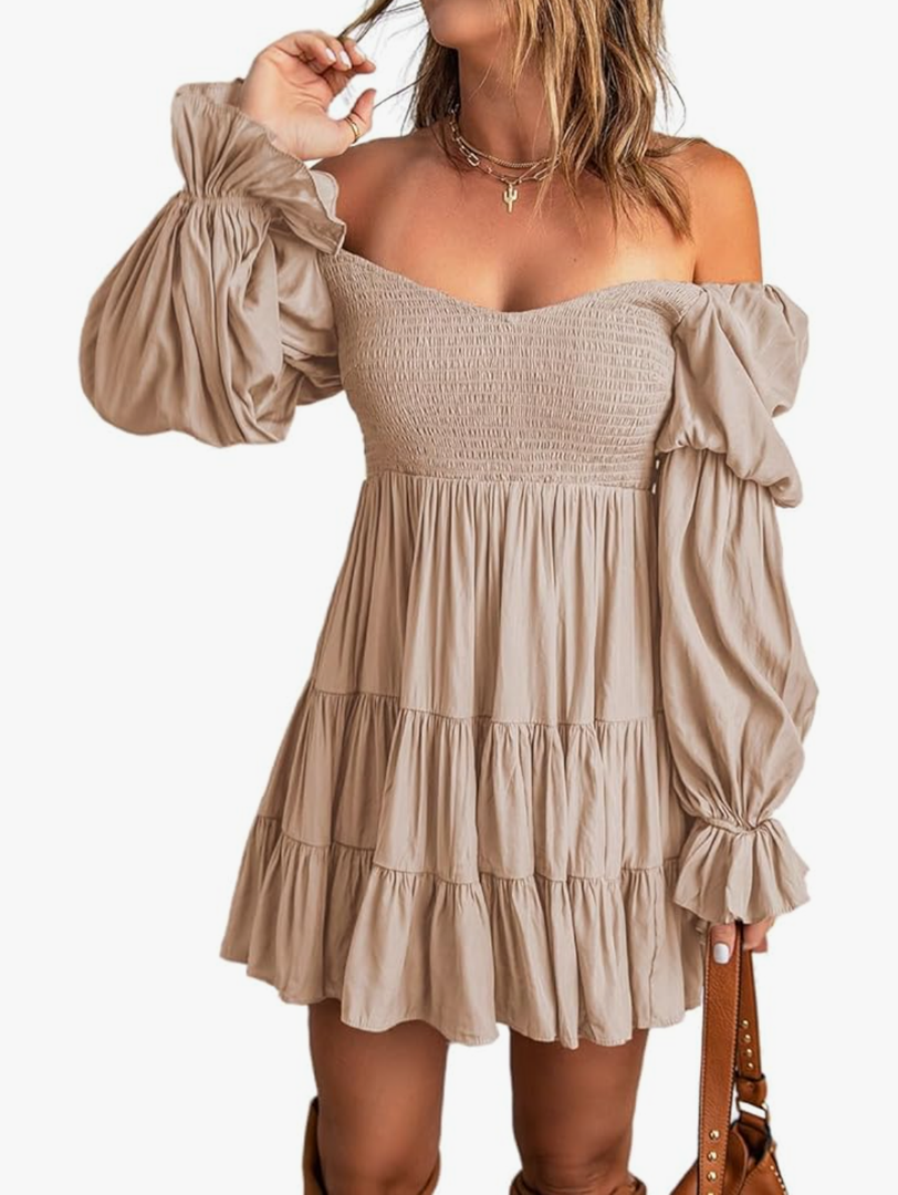 Dokotoo Women's 2025 Spring Summer Dresses, Elegant Off The Shoulder V Neck Long Sleeve Ruffle Flowy Mini Short Skater Dresses