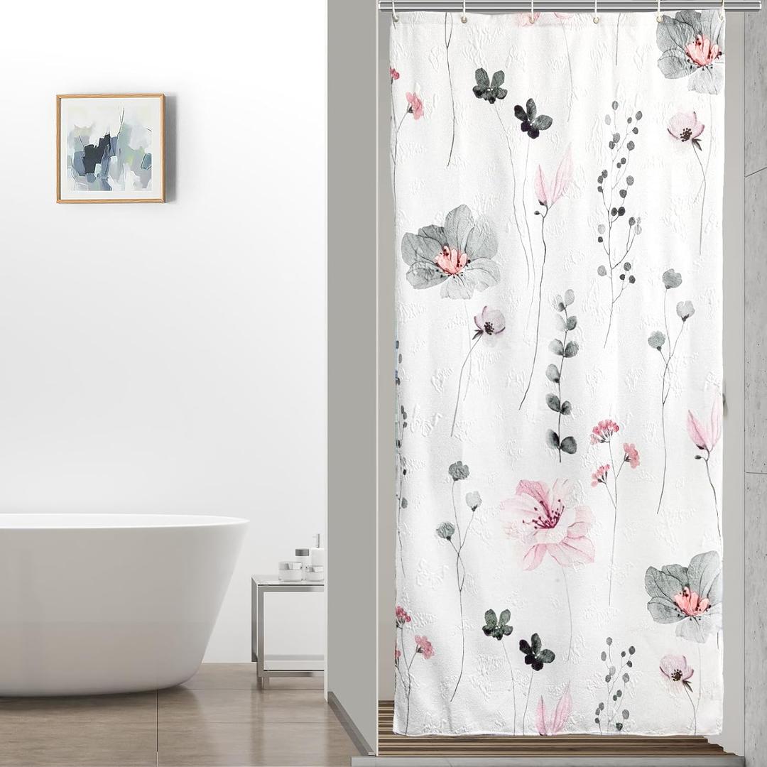 QiyI Small Stall Shower Curtain 36 x 72, Narrow Half Watercolor Floral Bath Curtain, 3D Embossed Grey Pink Flower Cloth Bathroom Curtain, Waterproof Fabric White Shower Curtain Set with Hooks (Graphite Gray)