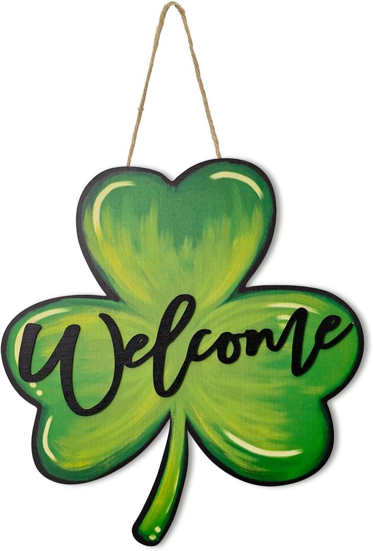 Smile St.Patrick's Day Wooden Welcome Sign Shamrock Clover Decor, Irish Charm Rustic Green Freestanding Wood Door Shelf Sign for Home Entryway