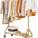 HYSEYY Heavy Duty Clothes Rack Load 450 LBS, Metal Garment Rack, Standing Rolling Clothing Rack for Hanging Clothes with Sturdy Wheels & Shelves, Portable Closet Wardrobe Rack,Gold, 69"D x 20"W x 70"H