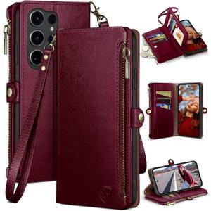 XcaseBar compatible with Samsung Galaxy S25 Ultra Wallet case with Zipper Credit Card HolderRFID Blocking,Flip Folio Book PU Leather Phone case Shockproof Cover Women Men for S25 Ultra case Wine Red
