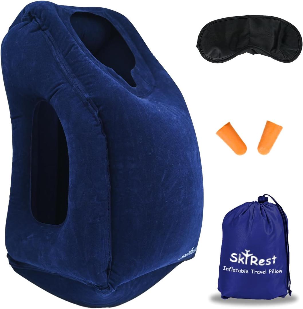 Inflatable Travel Pillow - Airplane Pillow for Neck Support on Planes, Buses, Cars, Office & Trains - Comes with Eye Mask, Earplugs & Portable Drawstring Bag (Blue)