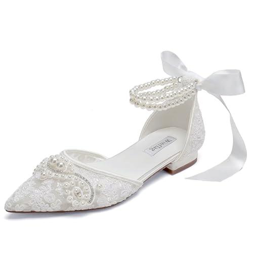 Winflag Pearl Wedding Shoes for Bride Flat Lace Bride Shoes Pointed Toe Bridal Flats-White Size 40