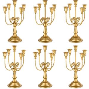 Romadedi Candelabra Gold Candle Holders - 5 Arm 11.8" Wedding Candlestick Holder for Theme Party Table Centerpiece Decor Dining Room Birthday Holiday Christmas, Set of 6
