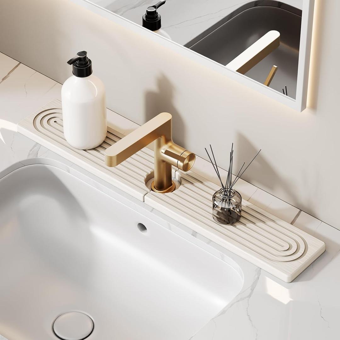 23.6 Inch Stone Faucet Mat for Kitchen Sink Splash Guard - Diatomite Quick Dry Stone Mat Kitchen Sink Protectors, Water-Absorbent Faucet Handle Drip Tray(White, 23.6" x 3.9")