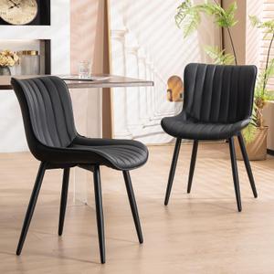 YOUNUOKE Mid-Century Modern Dining Chairs Set of 2, Black Faux Leather Upholstered Accent Chairs with Black Metal Legs, Armless Side Chair for Dining Room, Guest Reception Room