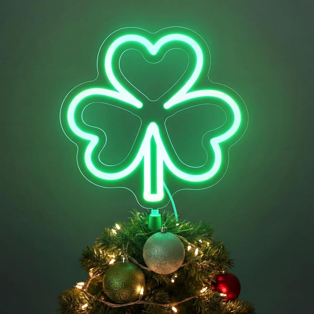 Tuanse Lighted St. Patrick's Day Tree Topper Decorations 11 Inch LED Irish Neon Sign Decorations Green Decor with Battery Operated or USB Powered for Party St. Patrick's Day Holiday (Shamrock)