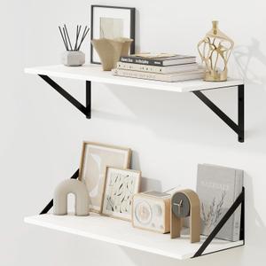 Fun Memories Deep Floating Shelves for Wall, 24W x 8D Wall Mounted Shelves Set of 2, Wide Display Ledge Shelf with Sturdy Metal Brackets for Living Room, Bathroom, Bedroom and Kitchen, White
