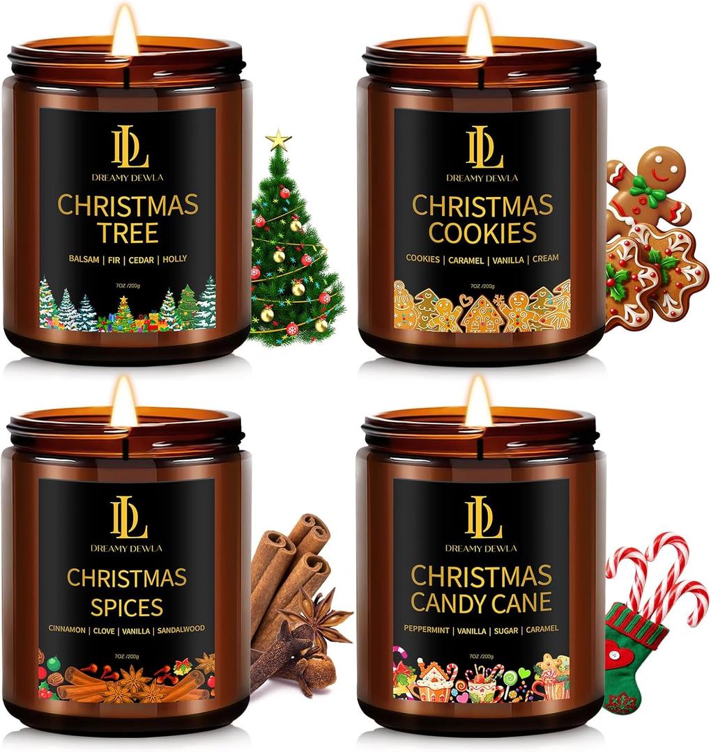 Holiday Candle Set, Scented Candle for Home, 4 Pack Soy Candles Gifts for Women Men, Scents of Christmas Tree/Cookies/Spices/Candy Cane