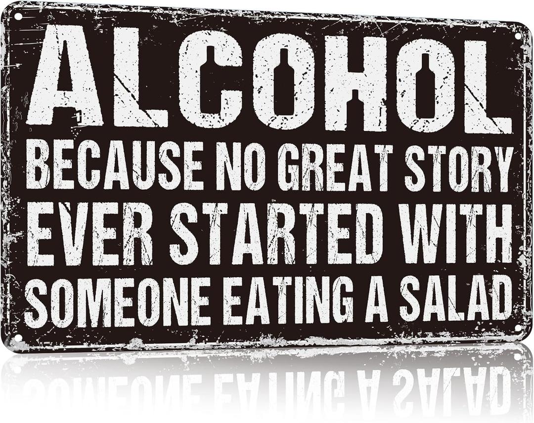 2 x YVHOGTA Funny Bar Metal Sign No Great Story Started with Salad Vintage Beer Sign for Home Bar Basement Garage Man Cave Decor 12x8 Inch