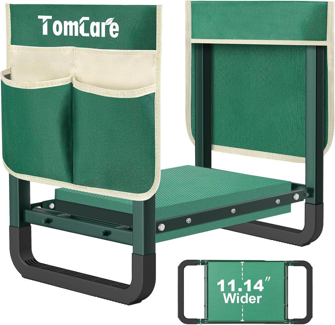 TomCare Garden Kneeler and Seat 11.14 Wider Larger Soft Kneeling Pad Garden Bench with 2 Large Tools Pouches Heavy Duty Foldable Garden Stool Gardening Gifts for Women Men Gardeners Seniors, Green