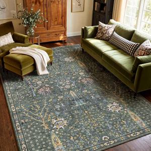 Kokia 8x10 Boho Green Floral Botanical Washable Rug, Oriental Soft Non-Slip Decoration Rugs for Living Room, Farmhouse Bedroom, Kids Playroom, Office