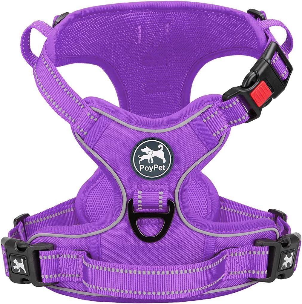 PoyPet No Pull Dog Harness, No Choke Reflective Dog Vest, Adjustable Pet Harnesses with Easy Control Padded Handle for Dogs(Purple Matching Trim,S)