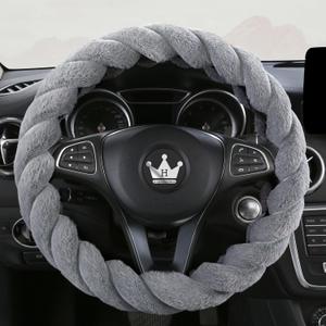 Luxury Fluffy Winter Car Steering Wheel Cover for Women Soft Warm Plush Cute Auto Accessories for Vehicle, Sedan, Universal, Fuzzy, Anti Slip, Gray, Standard Size, 14.75-15.15"