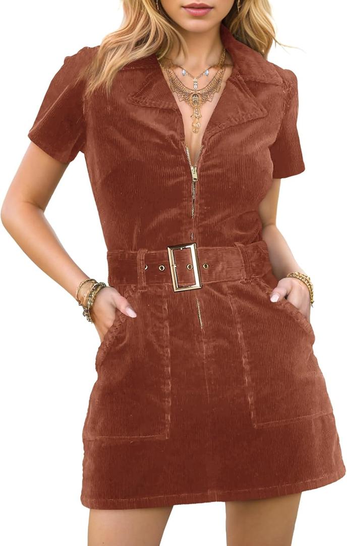Women's Corduroy Mini Dress Short Sleeve Lapel Zip Up Belted Cowgirl Dresses with Pockets (Brown, XXL)