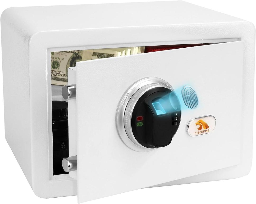 TIGERKING Biometric Small Home Safe with Key and Digital Keypad
20 lb White Safe Box with Steel Body, 1.2 Cu Ft, 3-Way Access, Dual Locking Bolts, and Removable Shelf