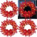 Dingion 4 Pack Christmas Mini Wreath for Cabinets 13 Inch Pre-lit Artificial Red Berry Wreath Bulk with LED Lights and Bow Xmas Winter Holiday Decor for Kitchen Front Door Wall Window Home