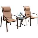 Giantex 3-Piece Patio Bistro Furniture Set, Outdoor Tempered Glass Coffee Table and 2 Stackable Chairs with Adjustable Backrest and Headrest, 3 Pieces Porch Furniture Set (Brown)