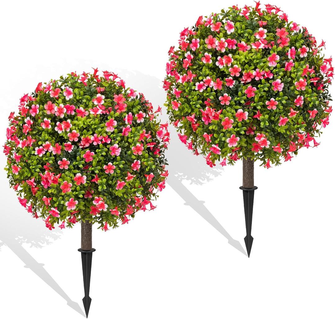 Fake Plants - 18" Wide Set of 2 Faux Boxwood Plants for Outdoor Planters, UV Resistant Artificial Topairy Ball Trees with Spike for Outdoor Decor (A - Pink Lilacs)