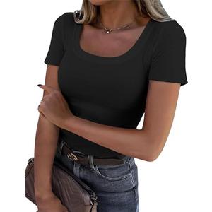C.O.Z.Y Womens Short Sleeve Scoop Neck Tops Ribbed Knit Basic Tee Casual Summer Fitted Shirts 2025 Trendy Outfits, Small