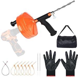 50 Ft Drain Auger, Use Manually or Drill Powered 50 Foot Drain Snake, Heavy Duty Flexible Plumbing Snake, With Gloves and Storage Bag for Kitchen Sink, Shower Drain (50FT, Orange)