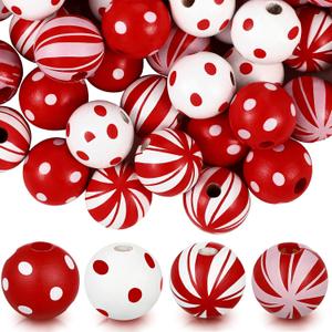 Youyole 100 Pieces Christmas Wooden Beads for Crafts Candy Cane Wood Beads 0.63 Inch Dotted Striped Colorful Round Spacer Natural Craft with Hole for DIY Craft(Bright Style)