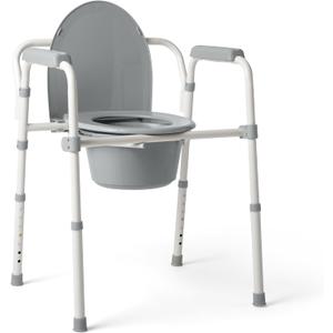 Medline 3-in-1 Steel Bedside Commode, Standard Seat, Sturdy Folding Frame, 7.5 QT. Bucket, 350 lb. Weight Capacity, Clip-on Seat, Easy Cleaning, Tool-Free Assembly, Gray