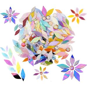 Lanyani Iridescent Petal Mosaic Tiles, Hand-Polished Stained Glass Tile for Flower Designs, Vibrant Glass Mosaic Pieces Assortment for DIY Crafts & Home Decor, 150 Pieces of Tile